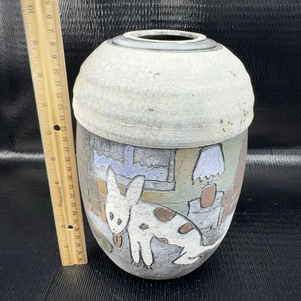 Vintage Hand Made Raku Pottery Large Vase Vessel Dog‎ Fish Couch Signed READ